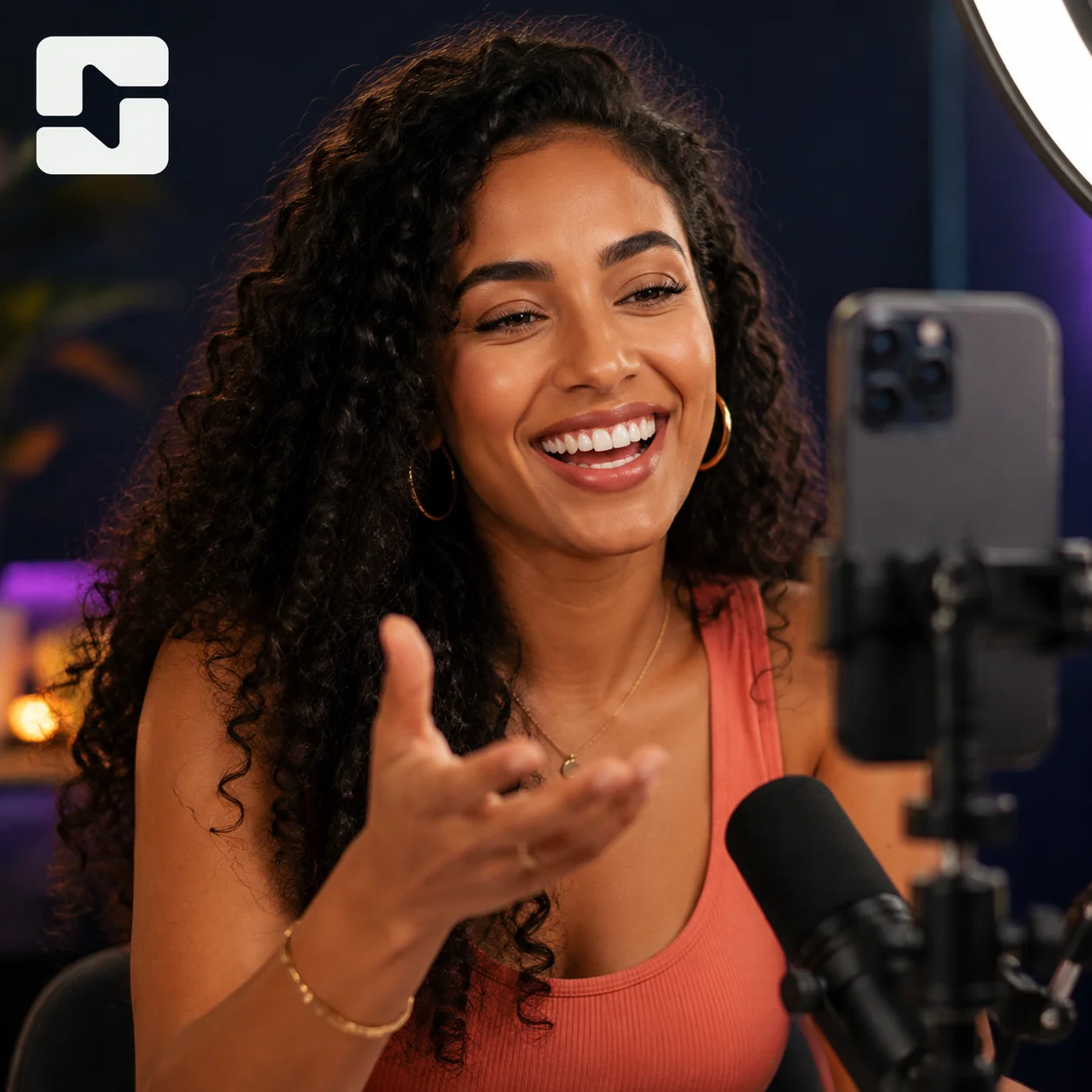 Illustration of a creator confidently hosting a LIVE session with a phone and microphone